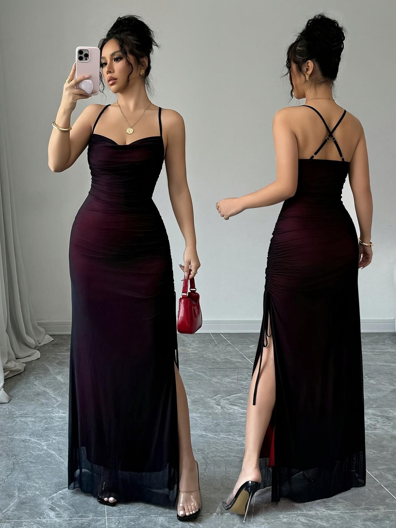 Women's Mesh Patchwork Cross Back Sleeveless Maxi Long Dress, Spring Summer New, Sexy Fit Style, Perfect for Formal Dates, Evening and Sister Gatherings, Womenswear