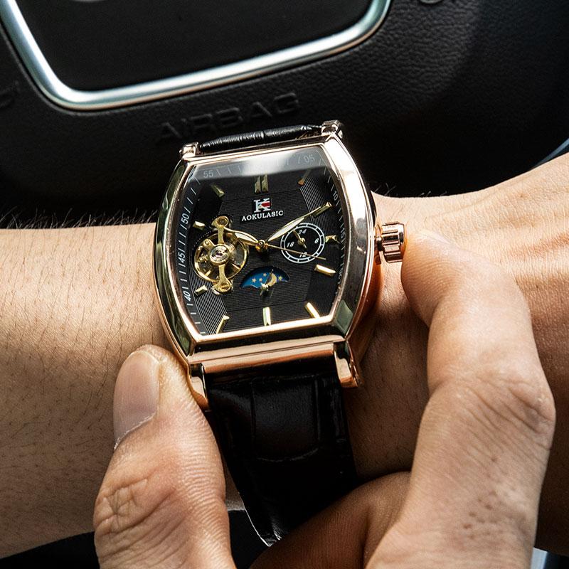 Luxury Automatic Mechanical Watch for Men, Analog Dial, Leather Strap, Moon Phase Display, Minimalist Barrel Design, No Battery Needed