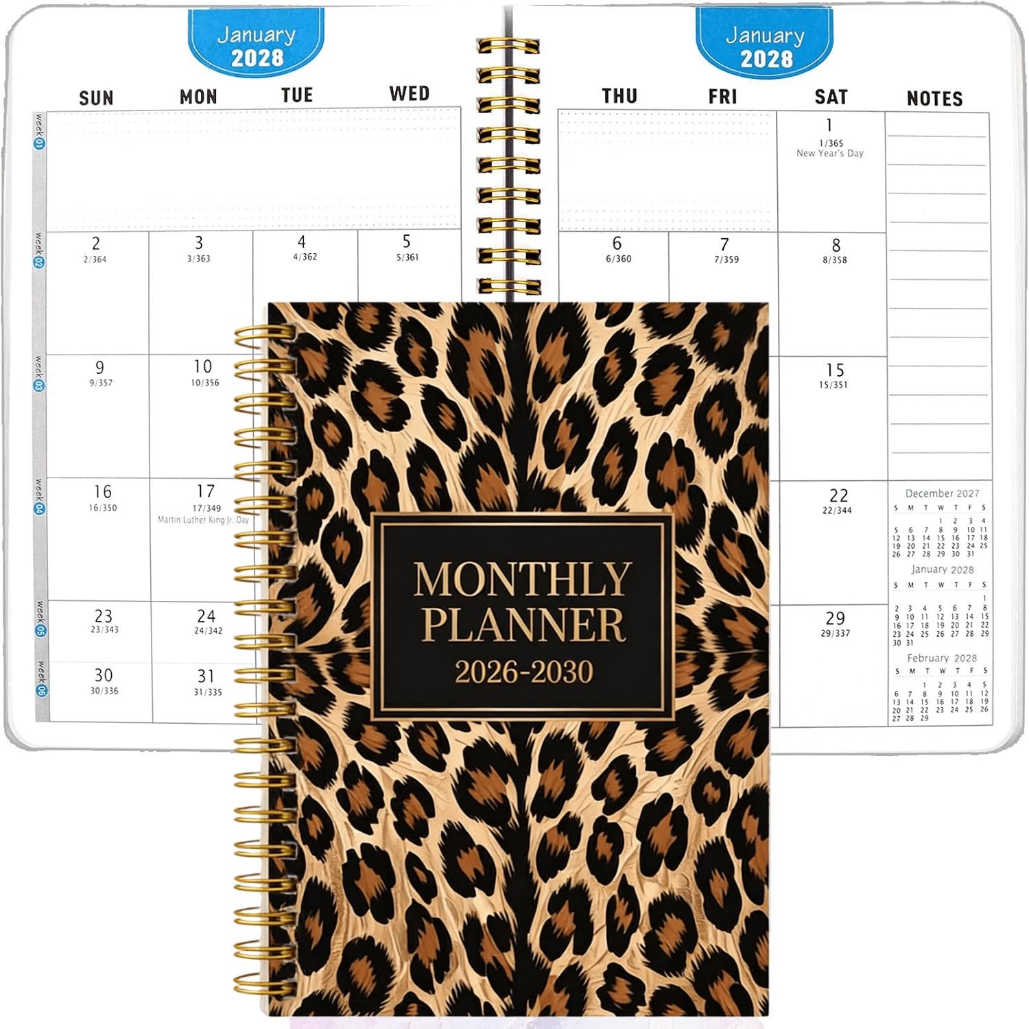 2026-2030 Monthly Planner/Calendar - January 2026 to December 2030, 5-Year Monthly Planner, Leopard Print Cover Design Notebook, Yearly Calendar Planning, Monthly Tabs, 60-Month Calendar, 5.5" x 8.3", 71 Sheets/142 Pages Thick Paper, Elastic Cover, Durabl