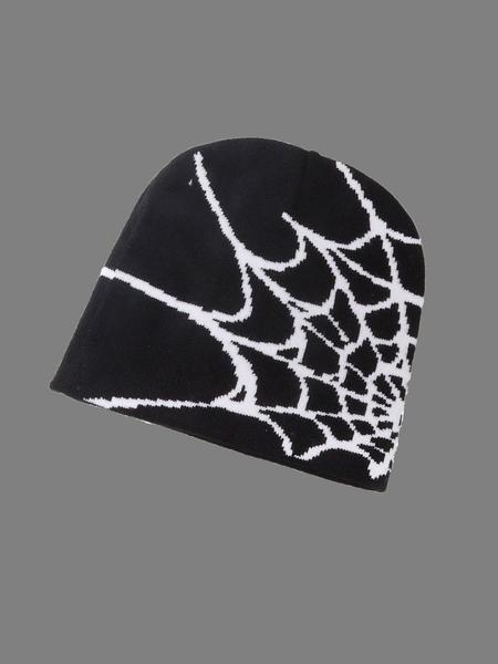 Unisex Spider Web Y2K Knit Beanie, Casual Fitted Hat for Fall & Winter, Trendy Jacquard Outdoor Cycling Cap, No Brim Design