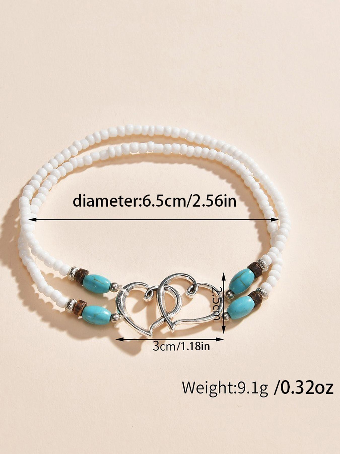 Boho Style Beaded Dainty Layered Anklet Necklace Set, Silver Color Heart Design Jewelry Gift for Women, Ideal Summer Accessory for Special Occasions