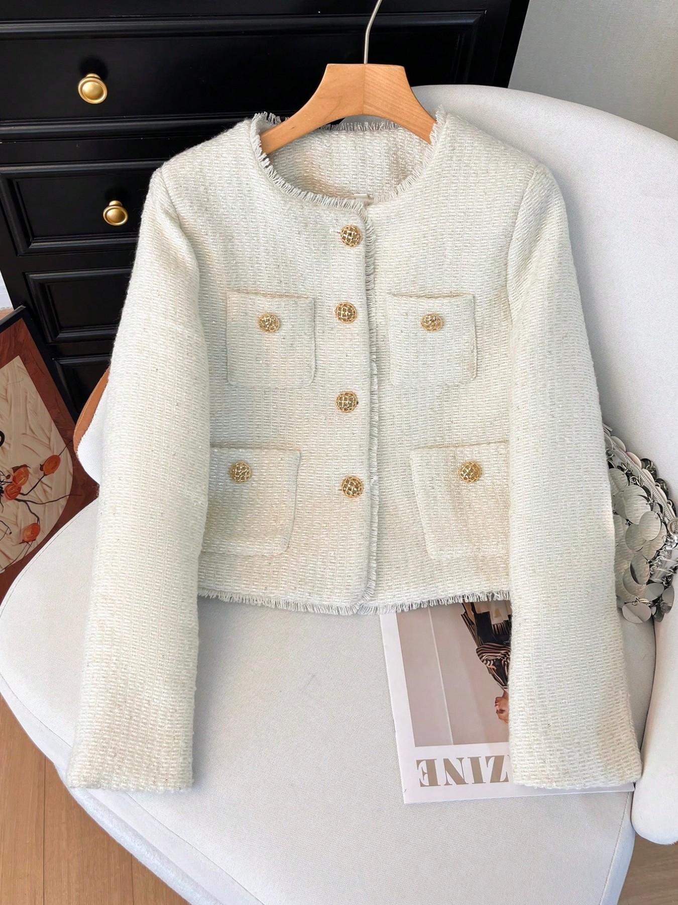 Women's Elegant Multi-Pocket Short Jacket, Fringe Edge & Metal Button Design, Perfect for Autumn Summer, Outerwear for Office, Parties & Daily Wear