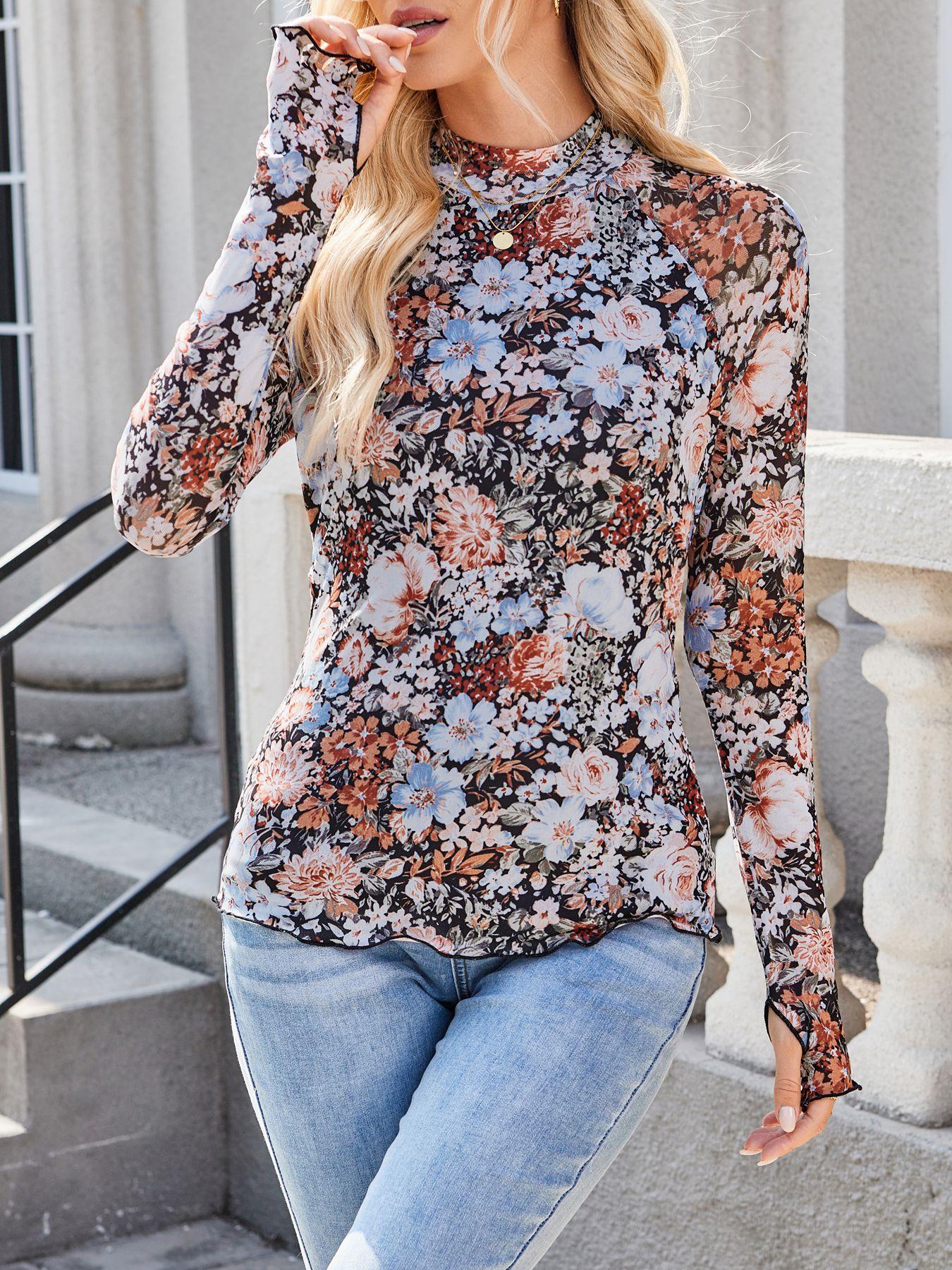 Women's Printed Round Neck Mesh T-Shirt, Contrast Thumb Hole Long Sleeve High Neck Top, Fashion Versatile Fitted Double Layer Blouse