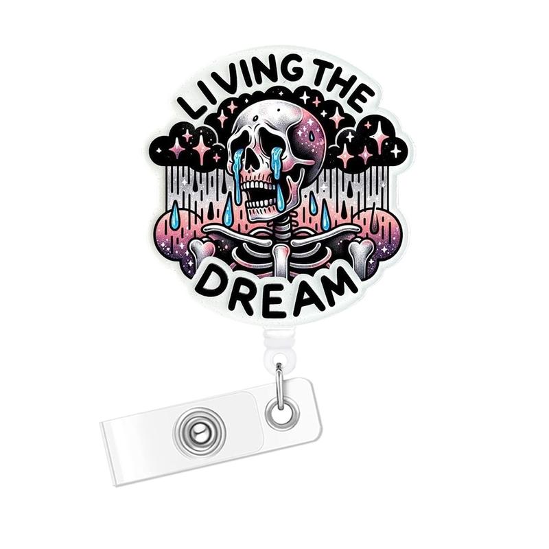 Live the Dream Badge Reel, Cute Skull Badge Clip Retractable with ID Holder, Nurse Work Accessories, Fun Rn Flashing Badge Roll with Belt Clip