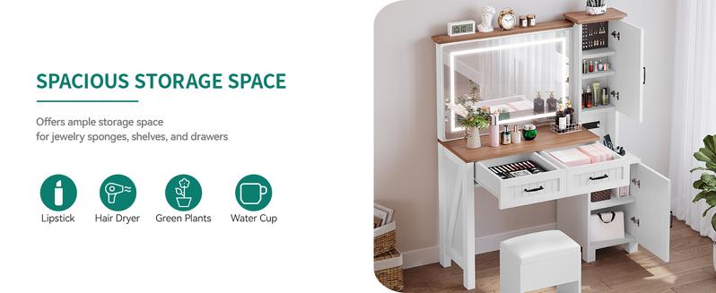 Yitahome Farmhouse Vanity, Makeup Desk with Adjustable Lighted Mirror, Charging Station, Drawers, Cabinets, and Adjustable Shelves, Modern Vanity Desk with Stool