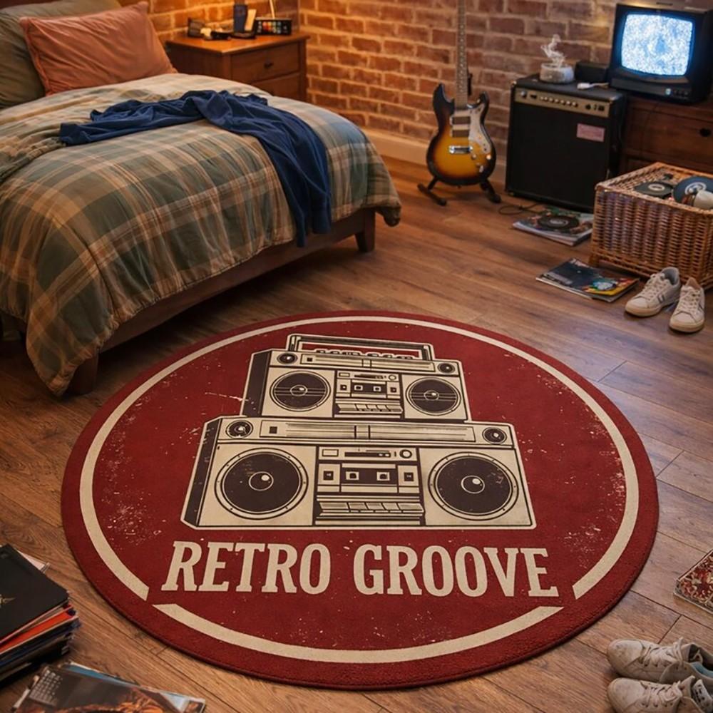 Retro Groove Round Rug, Vintage Style Living Room Sofa Runner, Bedroom Bedside Non-Slip Mat, Washable Decorative Carpet, Multi-Scene Use