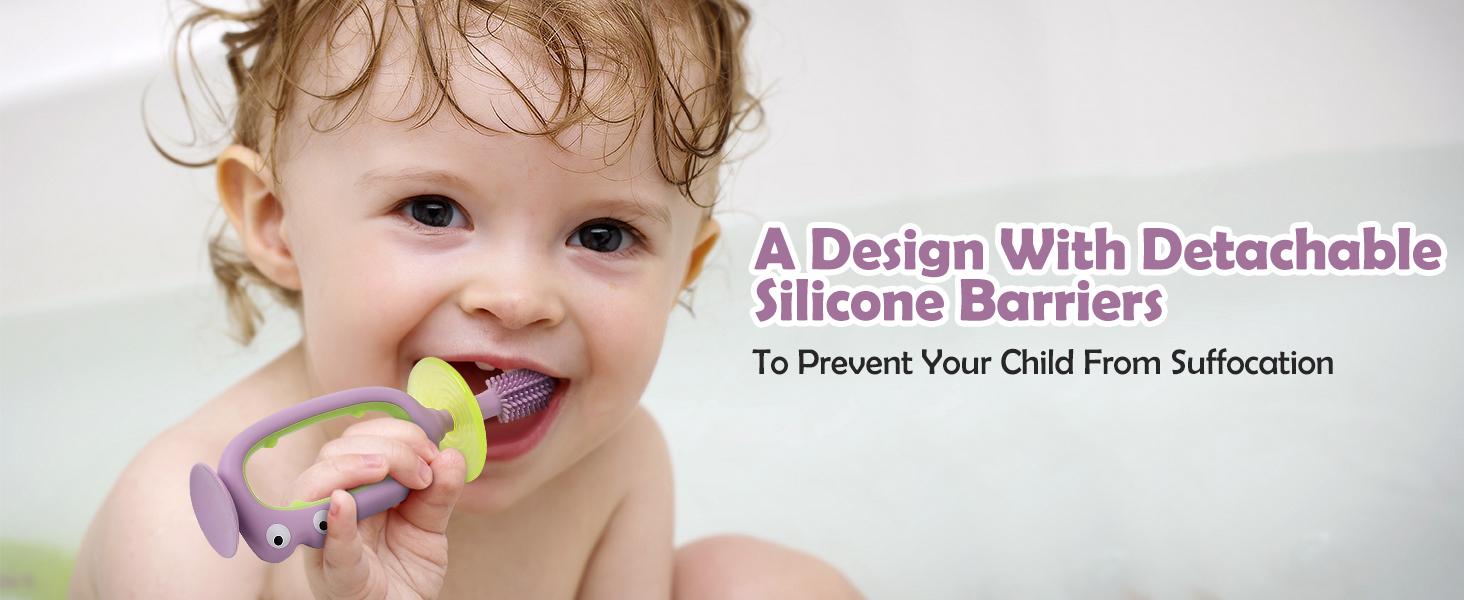 360° Baby Toothbrush with Suction Base,Toddler 12 Months up,Infant Oral Cleaner, Baby Tongue Cleaner,Food-Grade Silicone,Adjustable Safety Shield