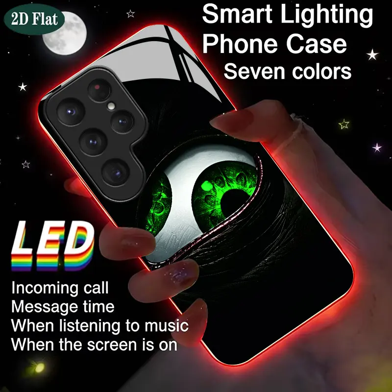 2D Flat Fluorescent Green Eyeball LED Light-Emitting Phone Case 7-Color Lighting Shockproof TPU Protective Cover Suitable Samsung Galaxy S26 Ultra/S25 Ultra OPPO Huawei Honor Xiaomi Infinix