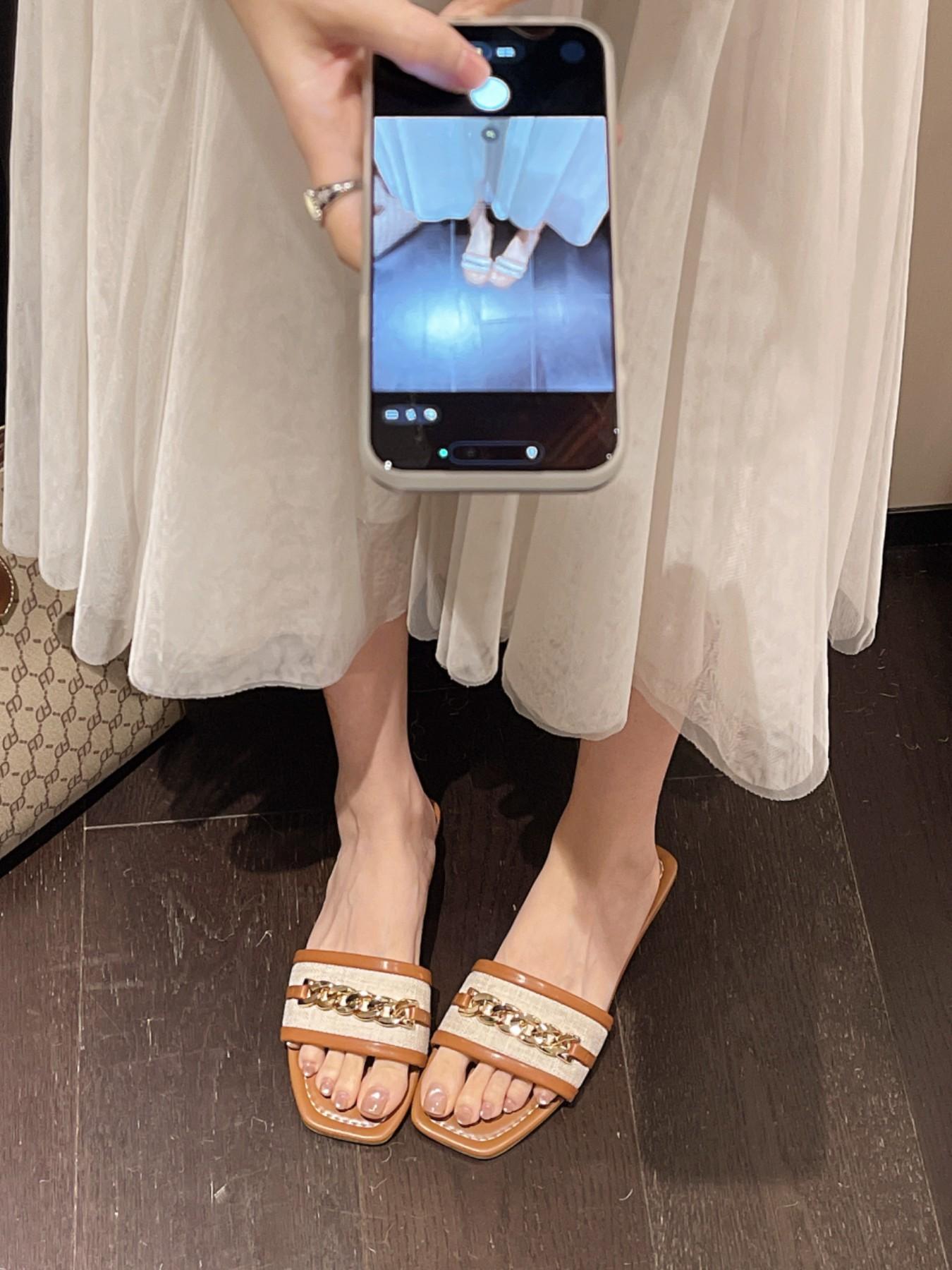 Women's Square Toe Sandals with Chain Decoration, Casual Flat Slip-On Shoes, Trendy Summer Fashion Footwear