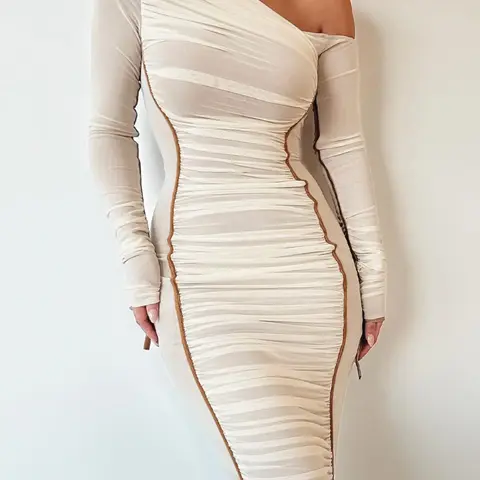 【Black Friday】Women's Striped Ruched Asymmetrical Neck Bodycon Stretch Dress, Elegant Long Sleeve Club Dress for Parties, Clubs & Dates, Women's Clothing for Spring & Fall