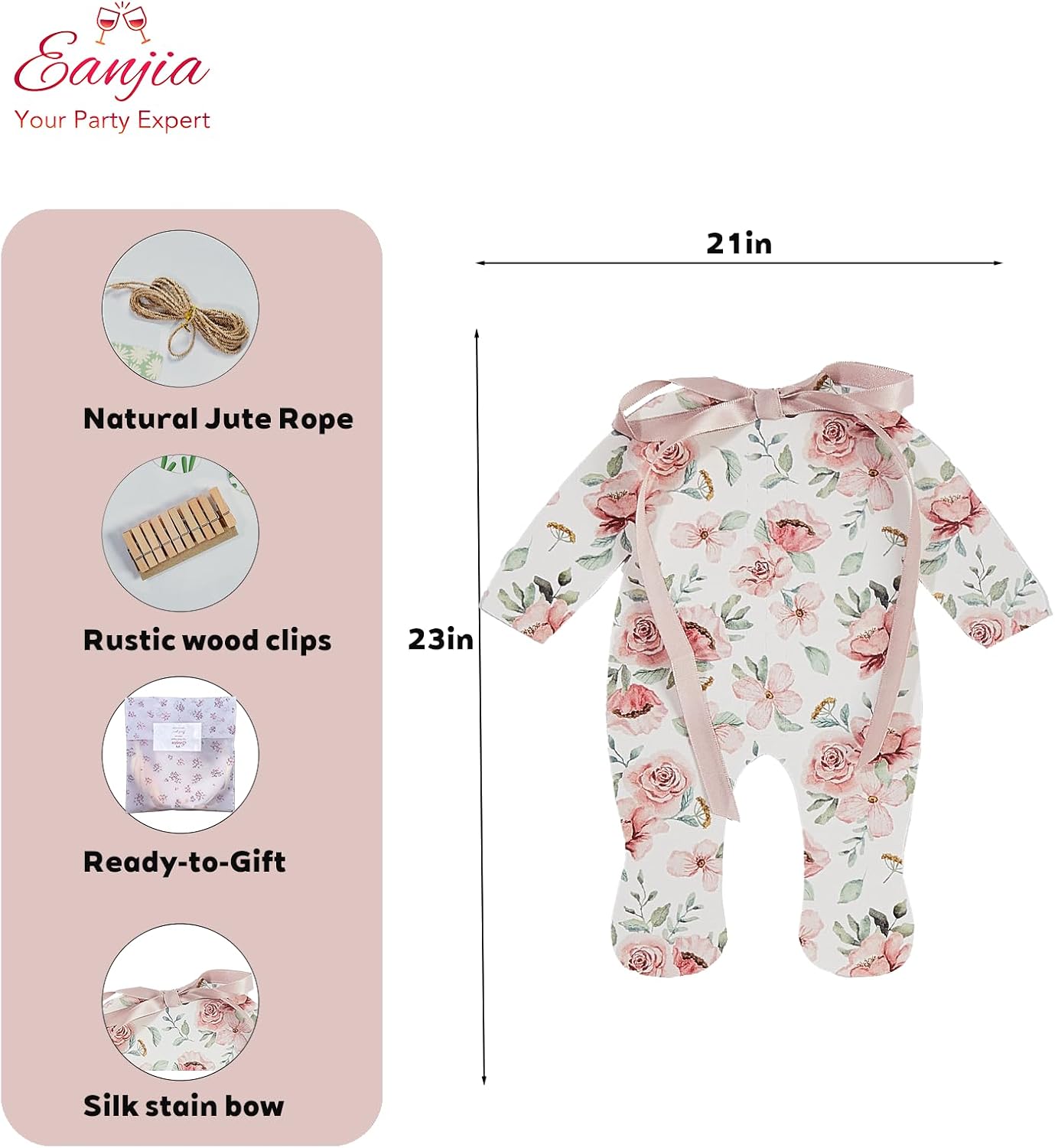 Baby Shower Decorations - Blush Pink Floral Paper Pajama Banner with Ribbon Bows, Shabby Chic Wildflower Garland for Gender Reveal, 10ft Jute Rope Vintage Nursery Wall Decor
