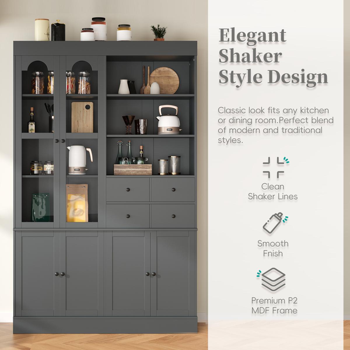[Assembly Video Provided]  47.2x15.7x75inch Freestanding Buffet with Hutch, Tall Kitchen Pantry Cabinet with 4 Drawers, Door Shelves and Pull-out Trays for Dining room, Living Room, Gray