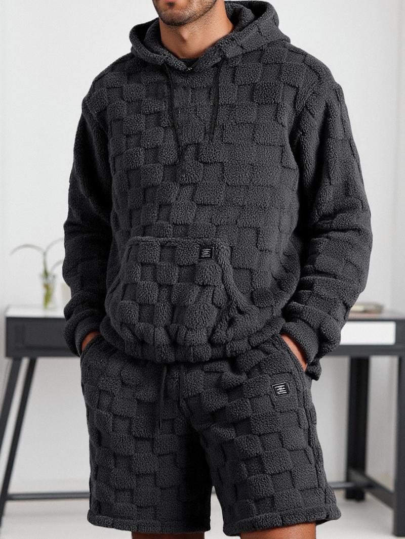 Men's Casual Two-Piece Set, Long Sleeve Hooded Sweatshirt & Shorts, Fashionable Plaid Texture Fabric, All Seasons Wear
