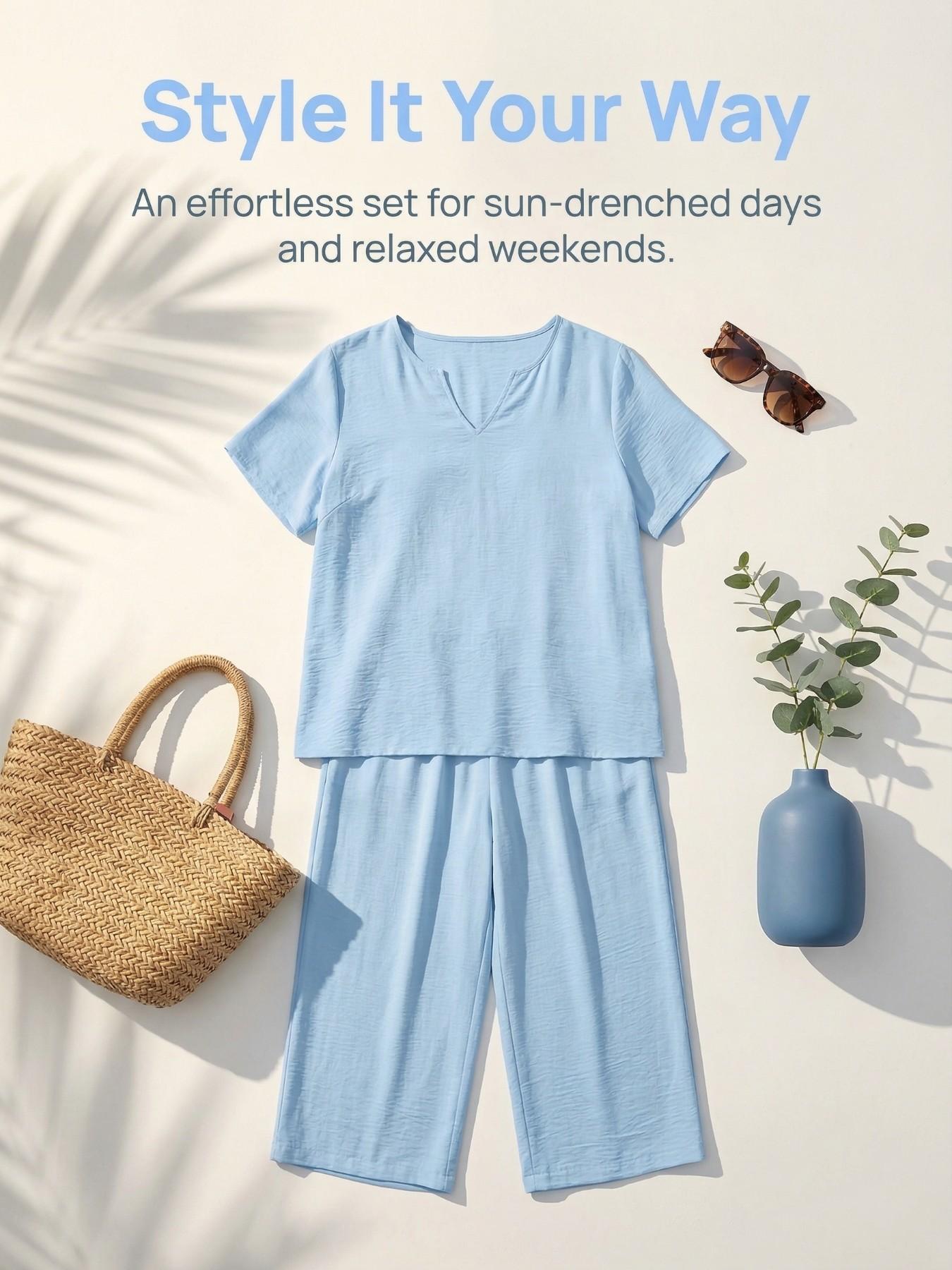 Plus Size Elegant Minimalist Women's Solid Color Short Sleeve Fashion Top & Casual Wide Leg Pants Set for Summer, Lounge Pants Set, Everyday Comfortable & Stylish, Lady Womenswear, Style, Fit, Clothes