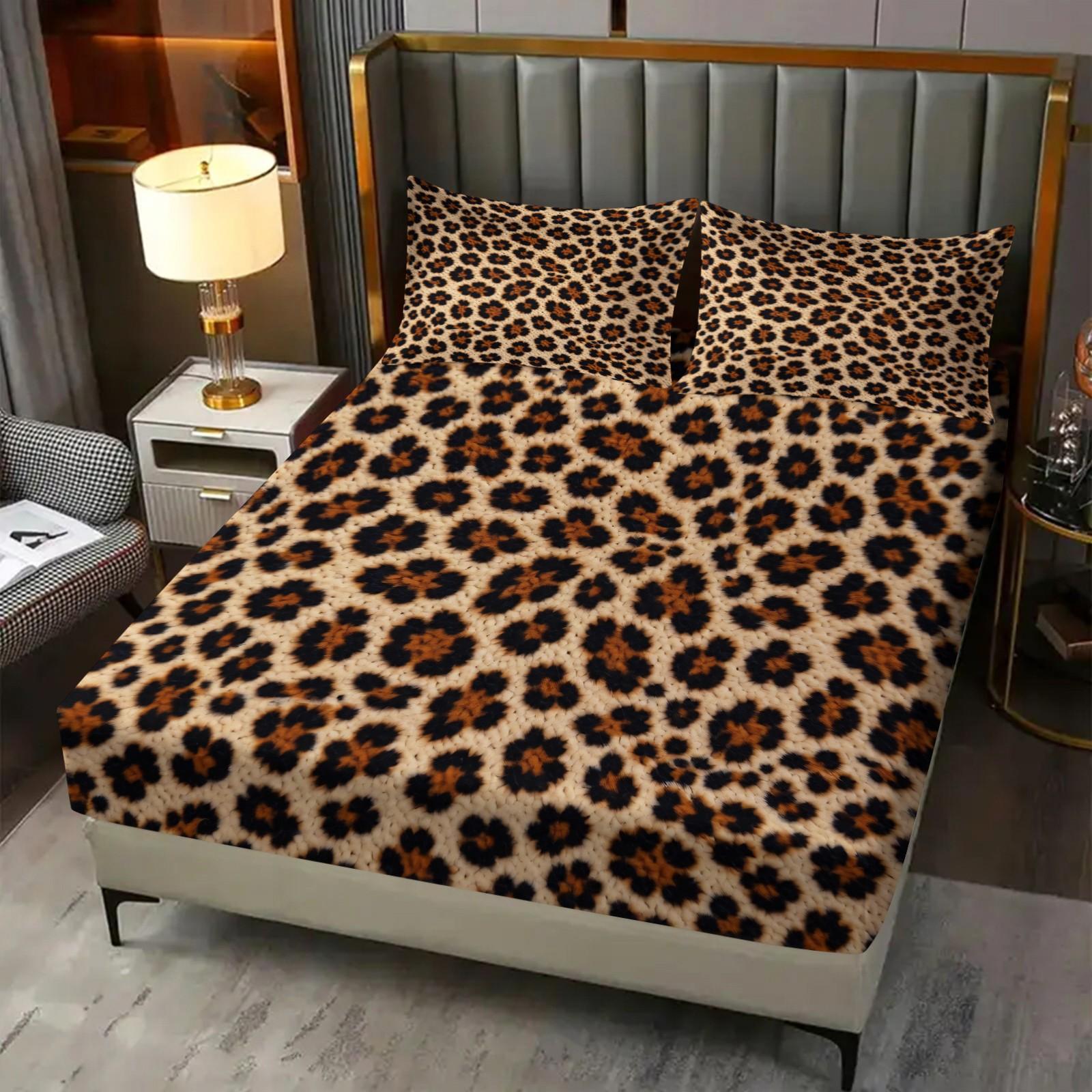 3Pcs Classic Leopard Print Luxury Vintage Boho Fitted Sheet Set, Elastic Edge Wrap Around Mattress, Wrinkle Resistant Non-Slip Easy Care, Ideal Housewarming Birthday Christmas Gift