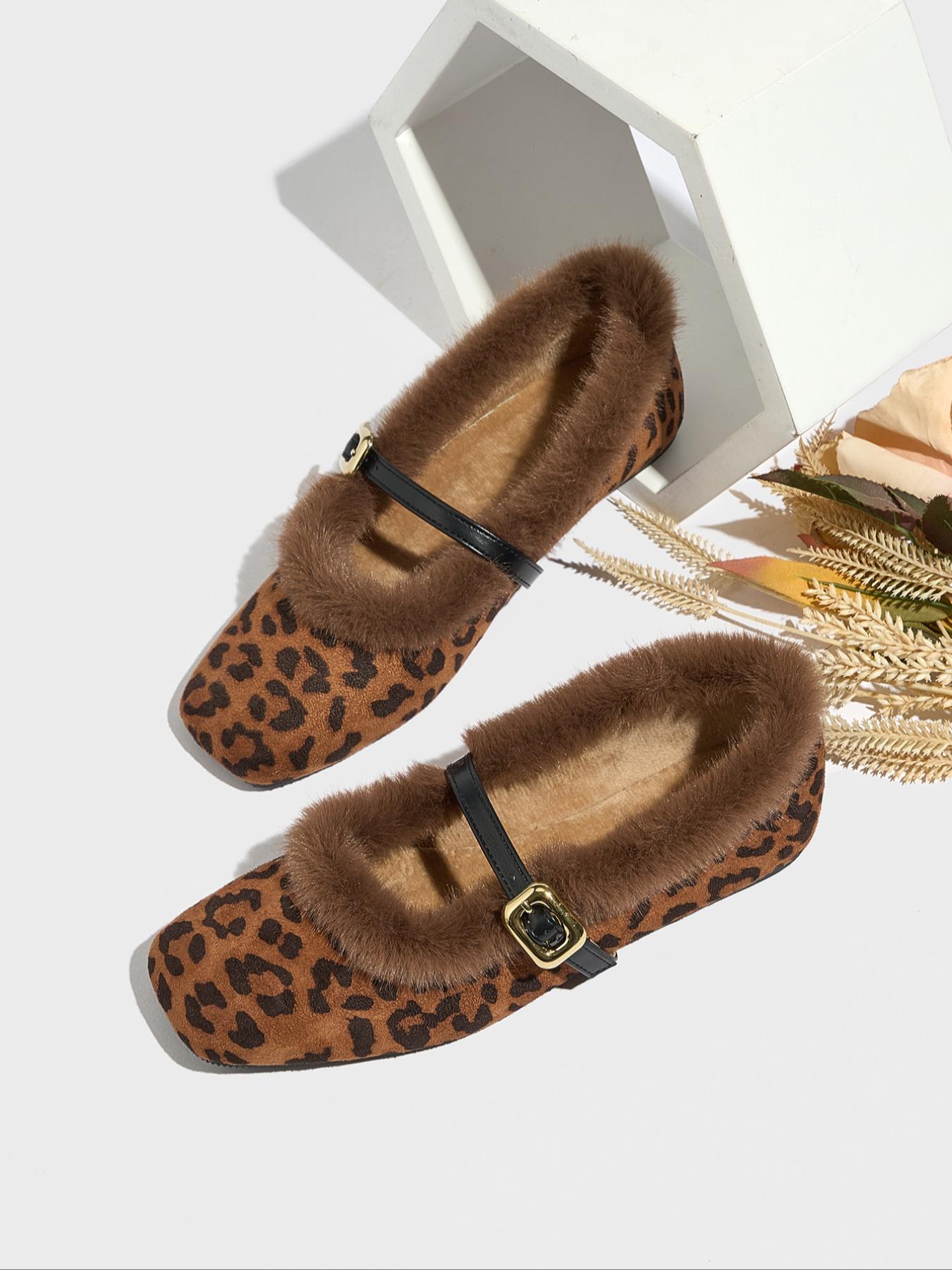 Women's Leopard Print Fur Lined Mary Jane Shoes, Vintage Square Toe Winter Boots, Warm Outdoor Soft Sole Slip-On Flats, Walking Shoes, Footwear