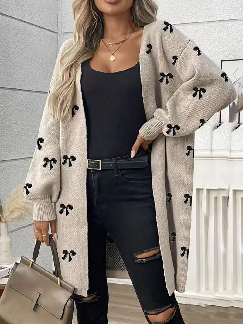 Autumn Winter New High-End Bow Pattern Knit Long Cardigan Sweater, Casual Versatile Outerwear, Elegant Lazy Style, Comfortable Color Block Design, Knitwear