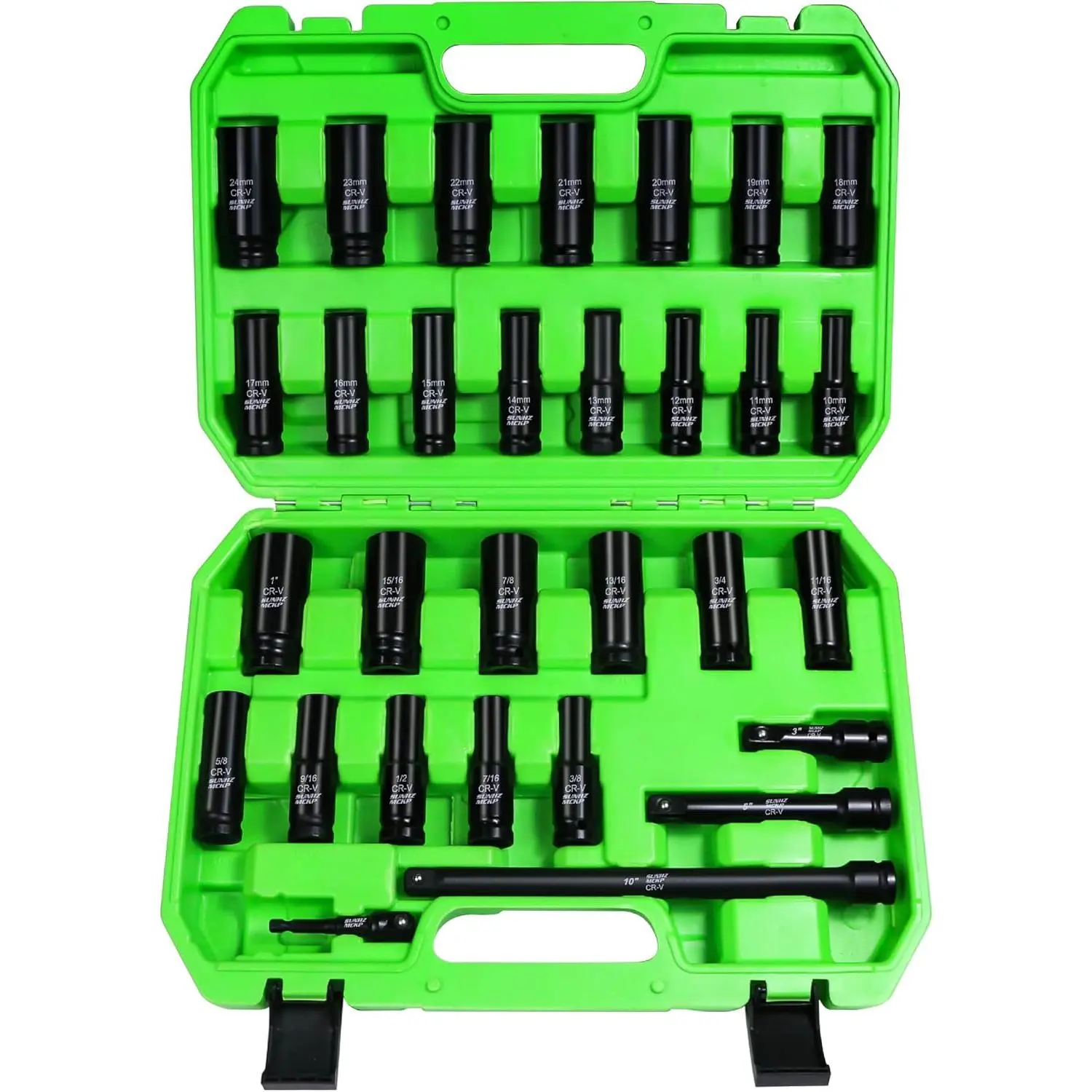 30- 1/2" Drive  Socket Set, SAE (3/8"- 1") and Metric (10mm-24mm) Deep Socket Set, Including  Extension Bar 3 ", 5", 10" and 1/2" Socket Adapter, 6 Point Design, CR-V