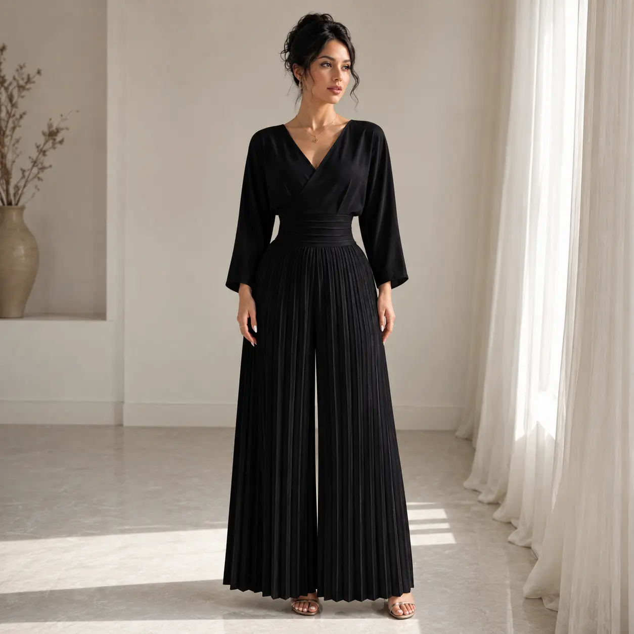 Women's Black Pleated Wide Leg Jumpsuit, Wrap V Neck Long Sleeve Elegant One Piece Outfit with High Waist, Flowy Palazzo Pants Romper for Wedding Guest Party Evening Dinner Work Office Travel Formal Casual Fall Spring Dressy Jumpsuit for Women