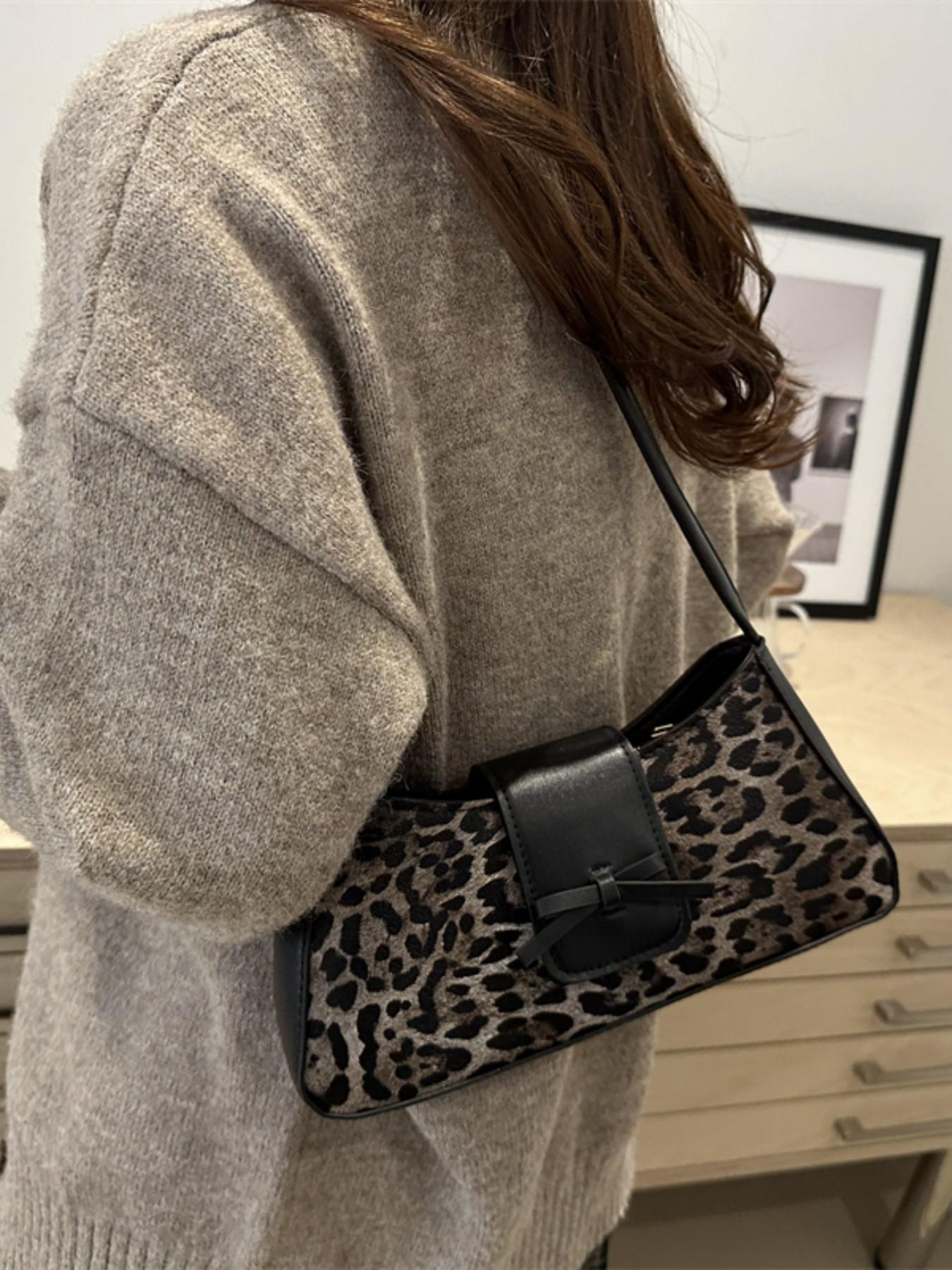 Leopard Print Fashion Trendy Bowknot Decorative Shoulder Bag, Stylish High-End Commuter Backpack, Unique Personality Design