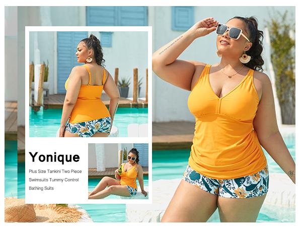 Yonique Womens Plus Size Swimsuits with Shorts Tummy Control Tankini Two Piece Bathing Suits Athletic Swimwear Plus Size Tankini with Boy Shorts High Waisted Full Coverage Swimsuit