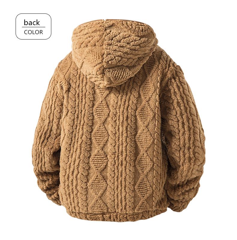 Men's Warm  relaxed fit outer Jacquard Fabric Loose-Fit Full-Zip Hoodie Jacket - Plush Texture Plain Hooded Outer Coat with Decorative Zipper Pull, Kangaroo Pockets, for Outdoor Indoor, Urban Commute, Menswear Tops