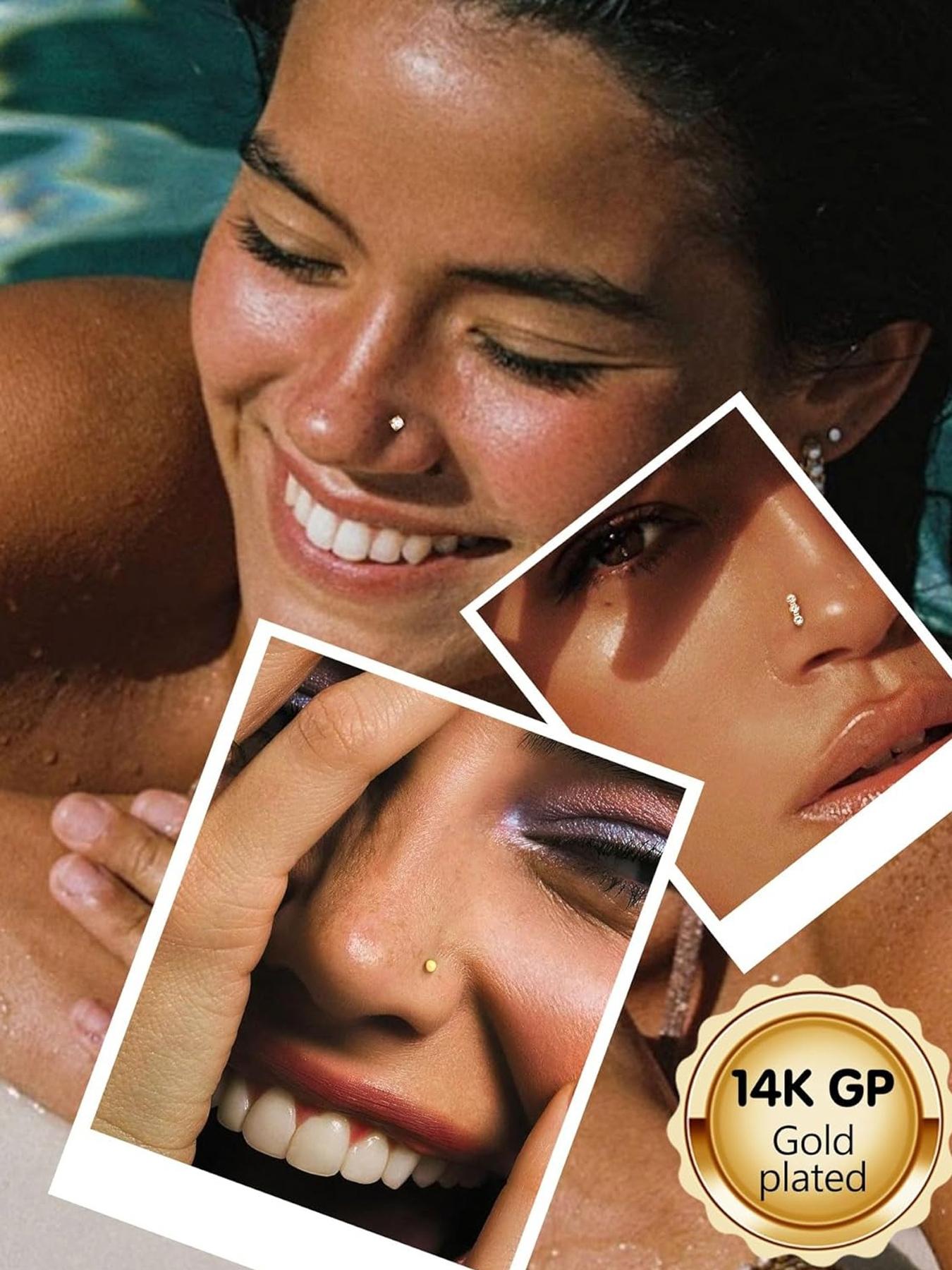 20g Nose Rings Hoops Nose Studs - Hypoallergenic Surgical Steel CZ Nose Stud L Shape Body Nostril Piercing Jewelry for Women Men 14k Gold Plated 20Pcs