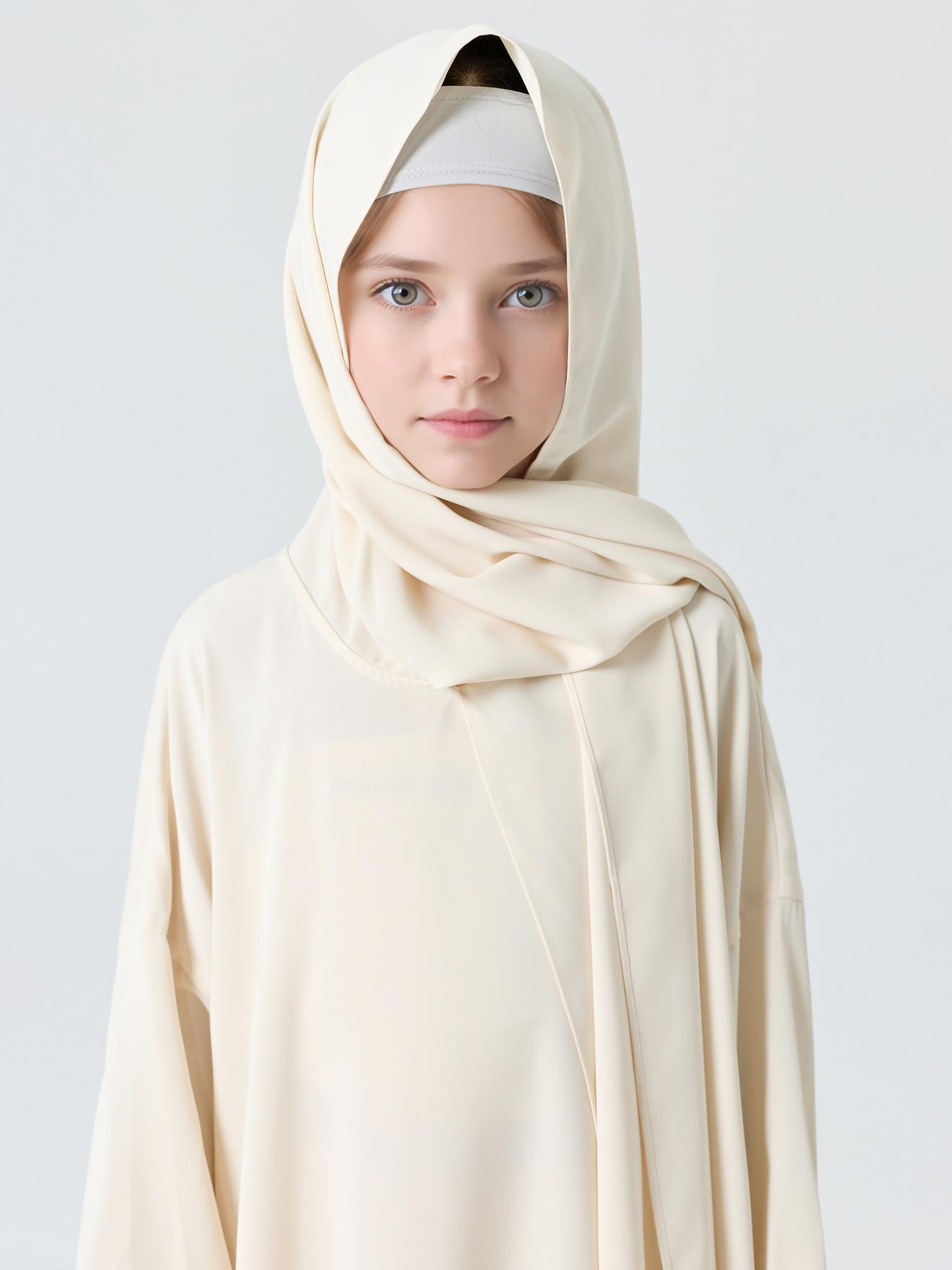 Girls' Plain Loose Fit Abaya Dress with Headscarf, Casual Long Robe for All Seasons, Middle Eastern Muslim Fashion