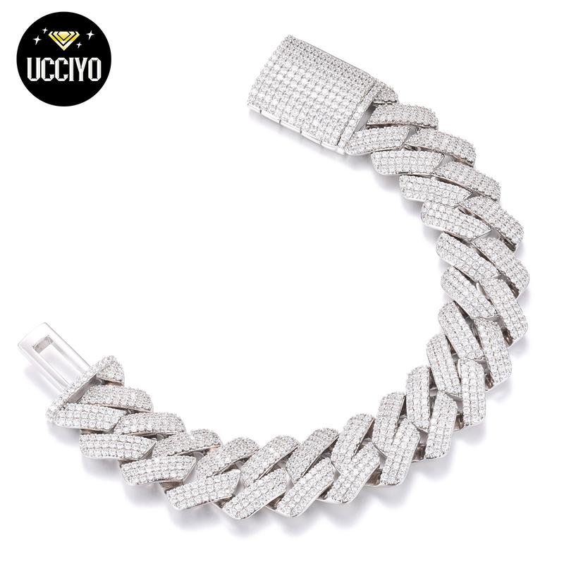 【#B15 20mm】Men's Hip Hop Bracelet Bubble Shiny Synthetic Moissanite Cuban Chain Bracelet 925 Sterling Silver Rock Rapper Fine Jewelry