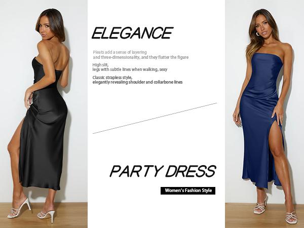 OYV Women's Strapless Satin Tube Maxi Dress,Bodycon Backless Wedding Guest Dress,Cocktail Dress,Party Dress