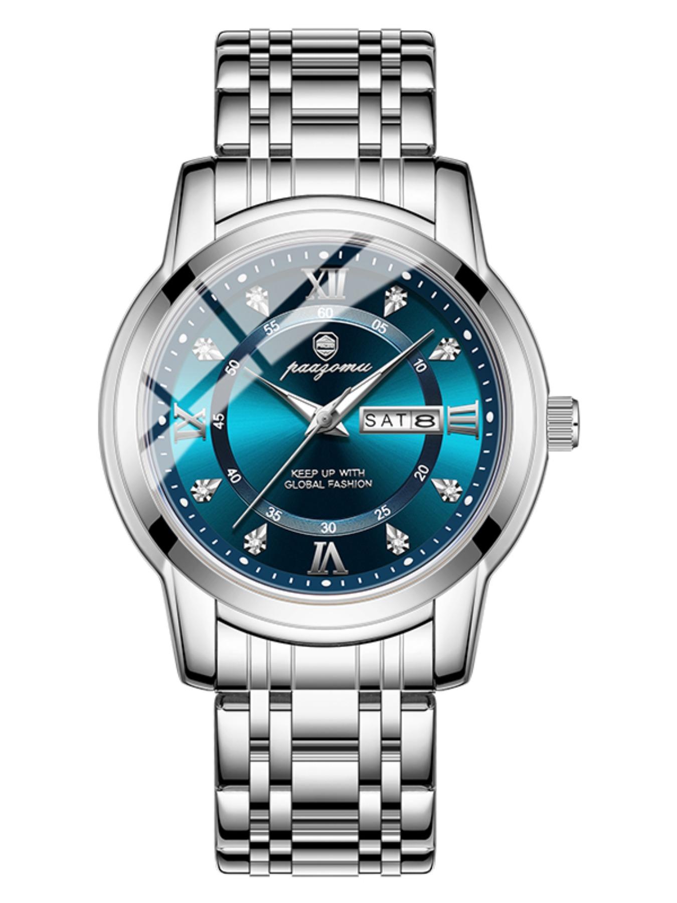 Paazomu Men's Wristwatch, Stainless Steel Waterproof Luminous, Casual Quartz Watch with Date and Week Display, Stylish Business Accessory
