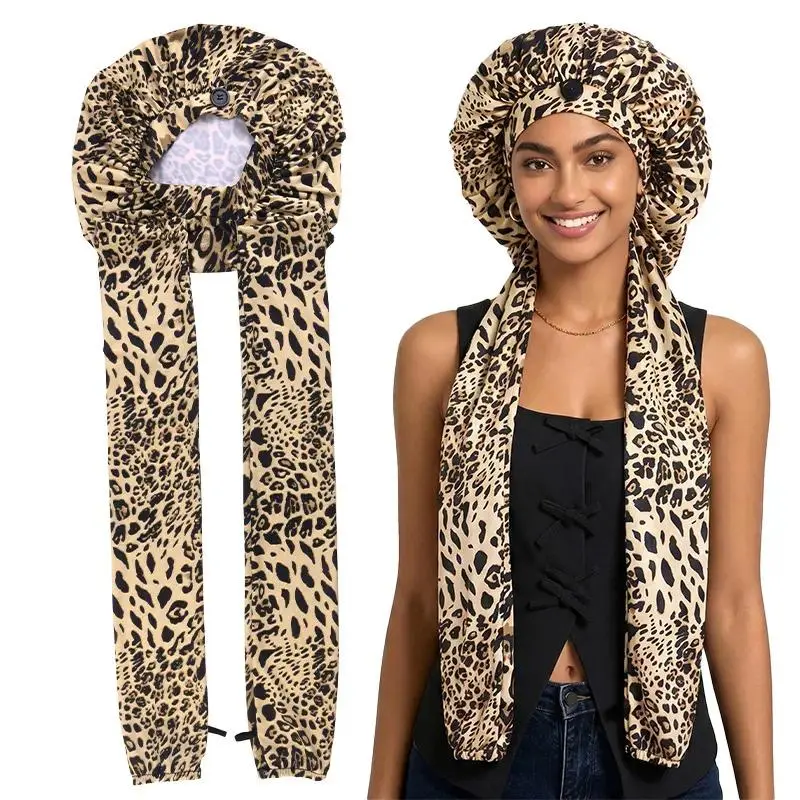 Leopard Print Satin Long Hair Bonnet Silk Wrap Adjustable Tie Anti Frizz Headwear for Curly Hair Loc Braid Protection Breathable Night Sleep Cap Daily Salon Gift