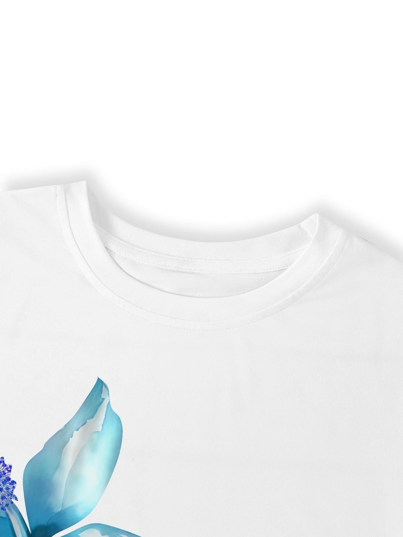 Women's Watercolor Blue Flower Print Crop Top, Slim Fit Short Sleeve Graphic Tee, Y2K Aesthetic Floral Fitted Top, Perfect for Vacation, Daily Wear, Street Style #springsaledeals2026 #summeroutfits #tiktokshopmademebuyit #womensfashion