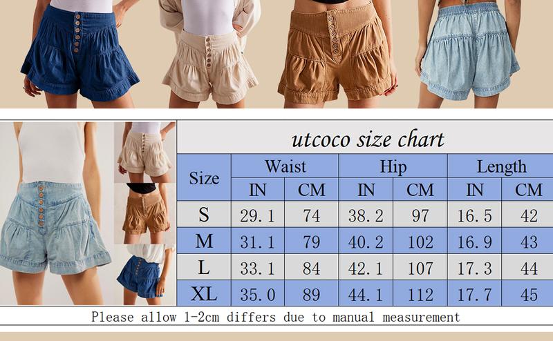 utcoco 2026  Womenswear summer high waist denim shorts casual elastic waist wide leg button shorts pleated ruffle denim shorts Bottom jean shorts