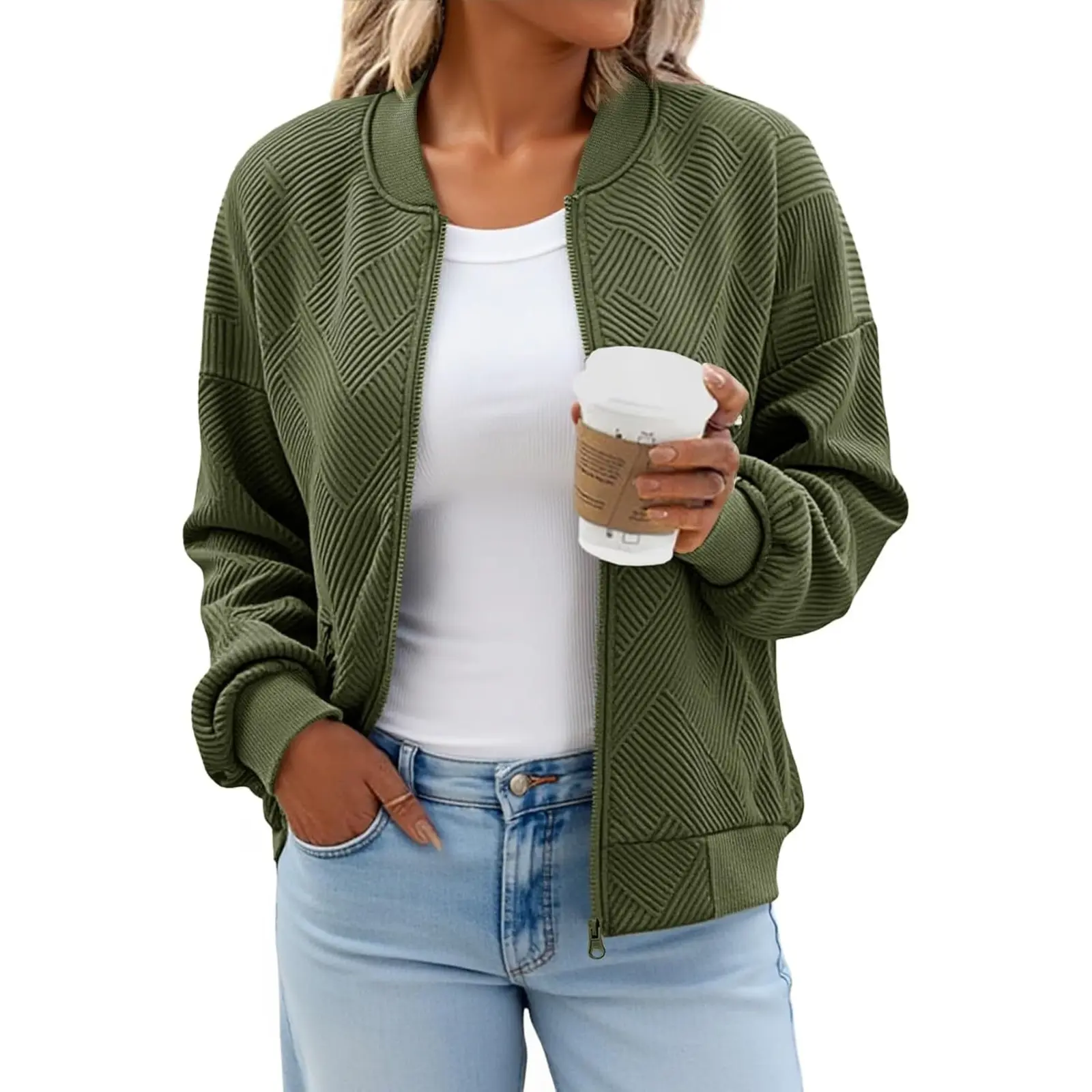 Tankaneo Women's Minimalist Basic Bomber Jacket Tops - Casual Lightweight Zip-Up Long-Sleeve Outerwear with Pockets, Stand Collar, Soft Texture