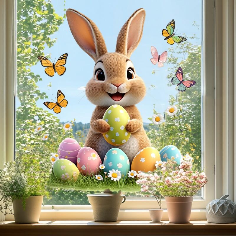 Easter Bunny Egg Sticker, Self-Adhesive Window Decal, Home Wall Decor, Removable PVC Art Sticker, Festive Seasonal Decoration
