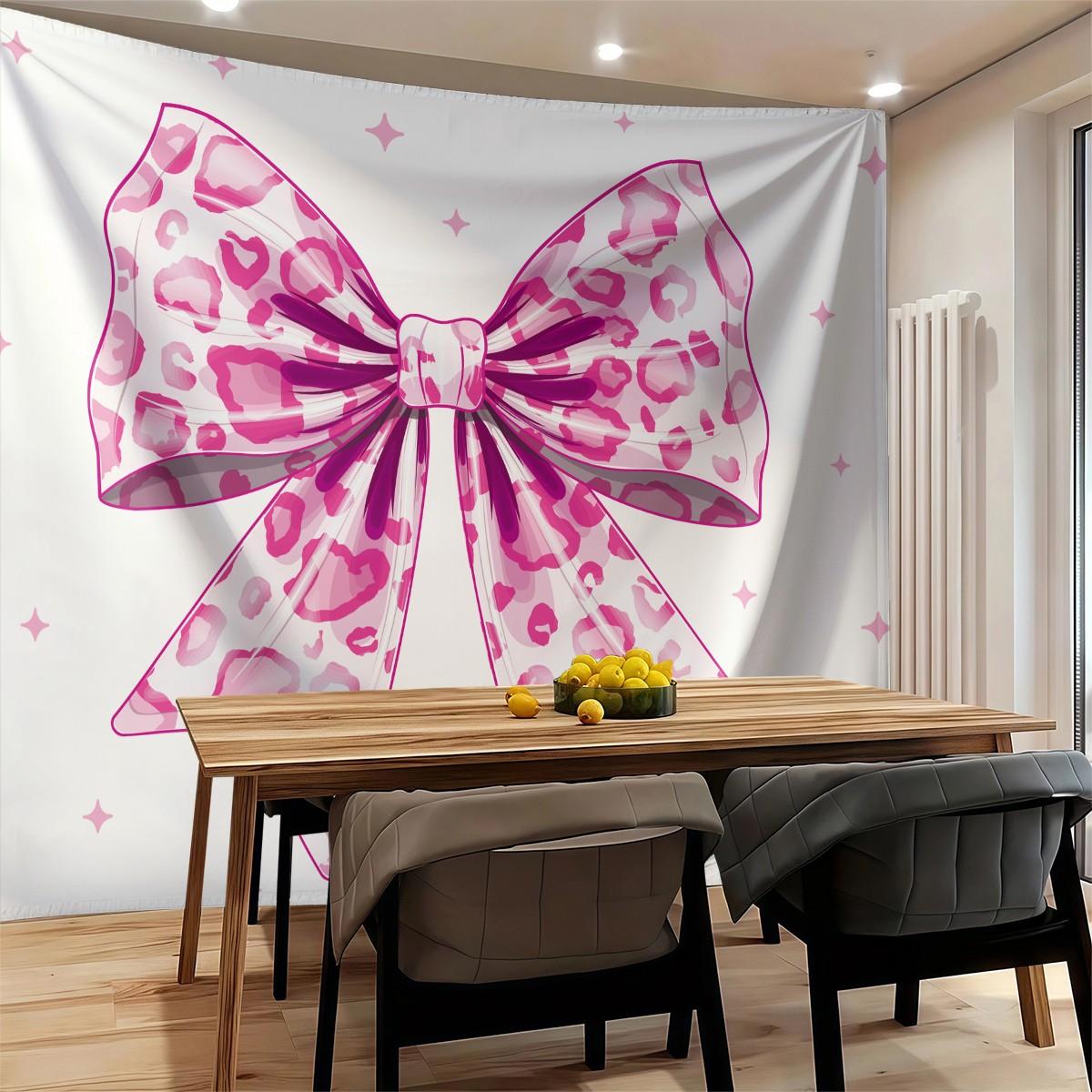 Pink Leopard Bow Tapestry, Cute Y2K Wall Hanging, Aesthetic Tapestries, Soft Wall Blanket, Girly Backdrop Decor for Girls Bedroom & Dorm Room