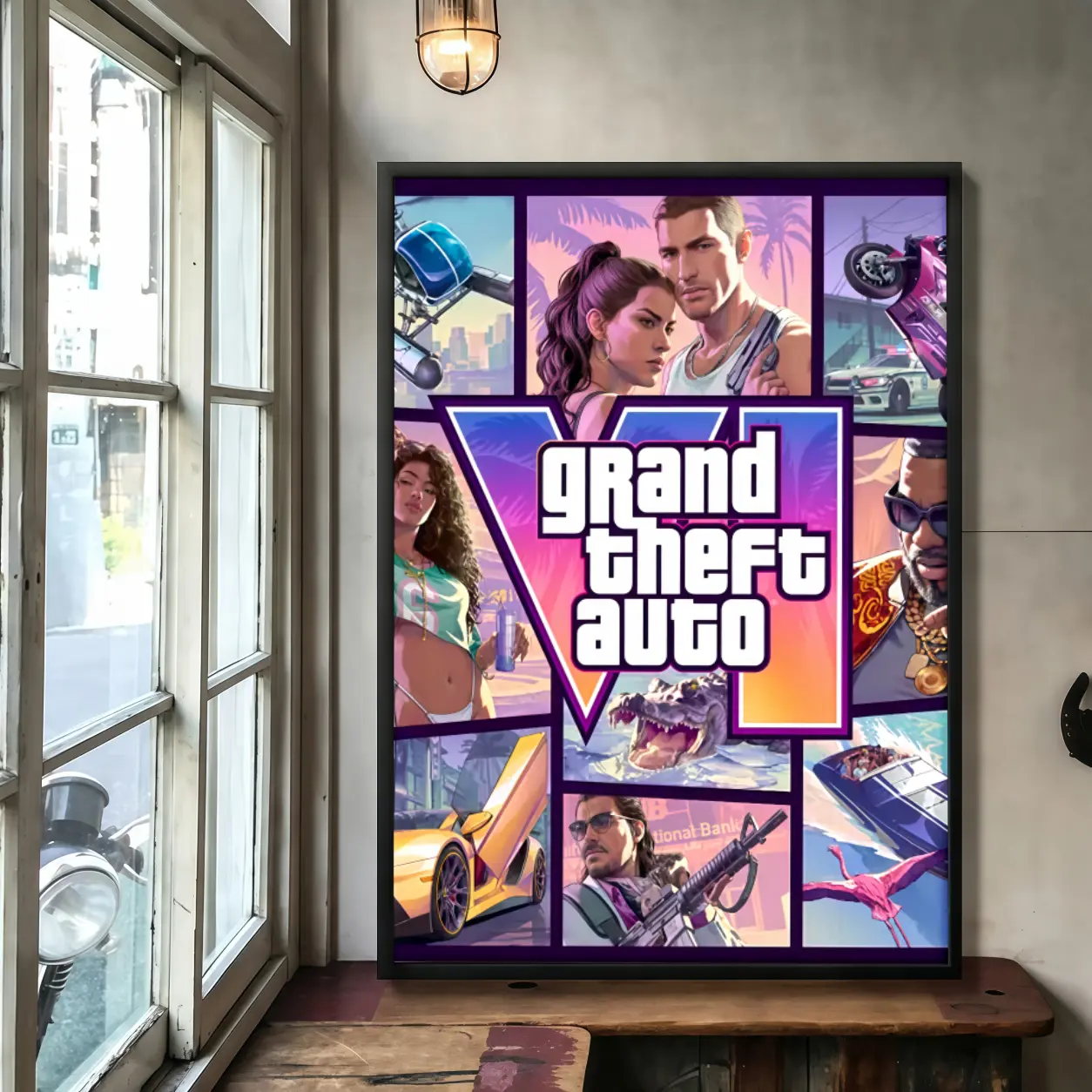 GTA 6 Poster, Grand Theft Auto VI Release Date Poster Wall Art Aesthetic Poster Quirky Animal Oil Painting Style Fun Picture Canvas for Teen Room Bedroom Studio Unique Wall Decor Home Decor Picture with Wooden Frame