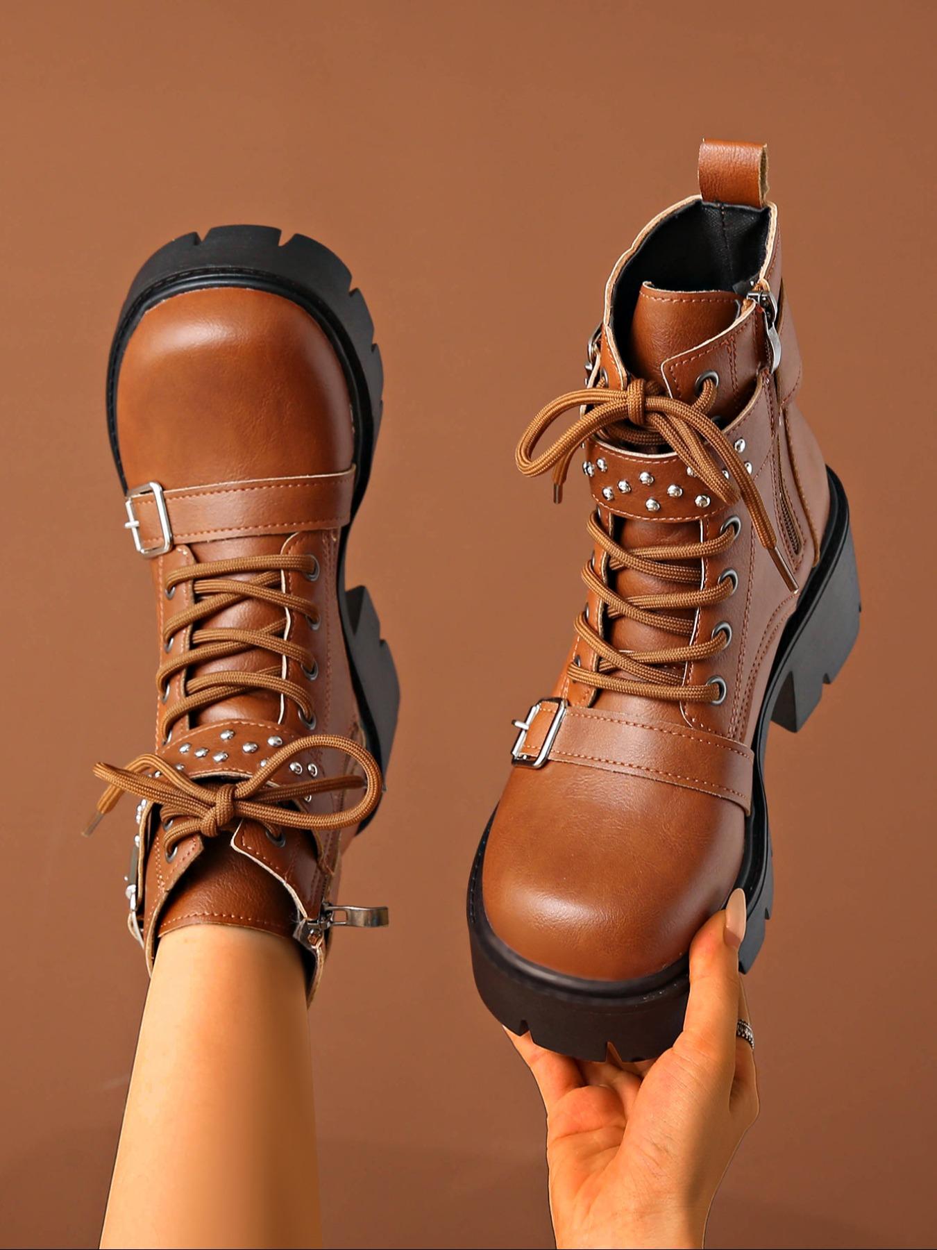 Classic platform ankle boots for women, studded buckle decoration, combat boots, four season zipper short boots, British boots, thick heels, punk high heels, motorcycle boots