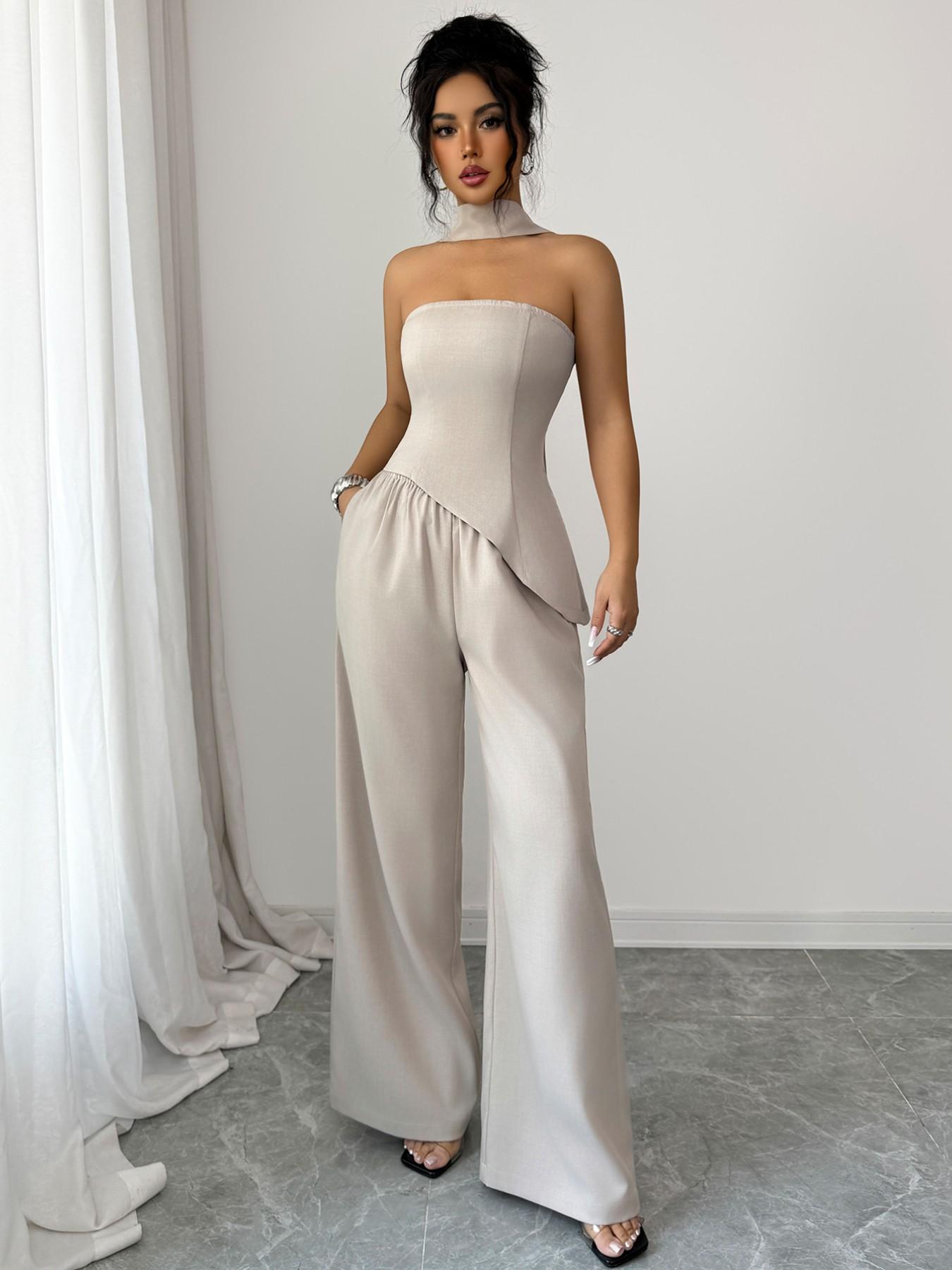 Design Sensational Pure Color Irregular Hem Halter Top Set with Draped Belt & Long Pants, Casual Two-Piece for Women