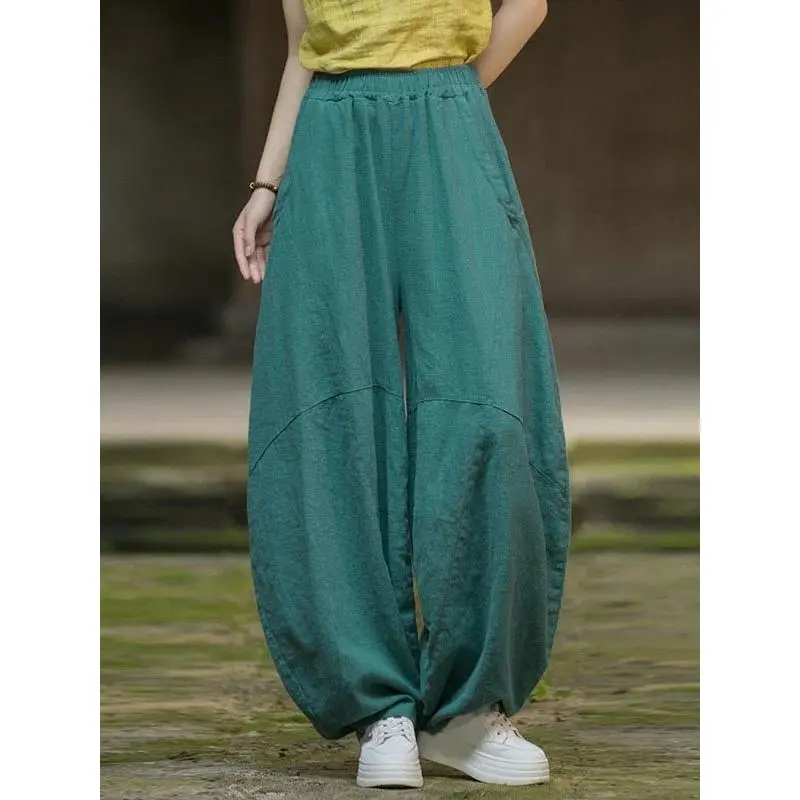 Elastic Waist Spliced Baggy Harem Pants, Loose‑Fit Ankle‑Band Pocket Design Vintage Casual Jogger Trousers Bottoms For Women
