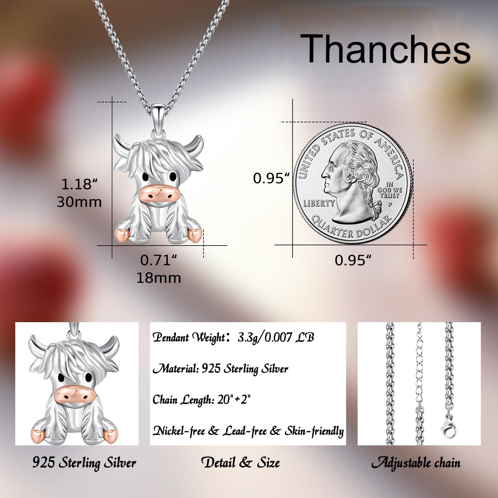 Thanches 925 Sterling Silver Highland Cow Pendant Necklace Cute Scottish Animal Jewelry Gift for Mom Girls Fashion Ideal Accessories Birthday For Daily Party Clothing Decor
