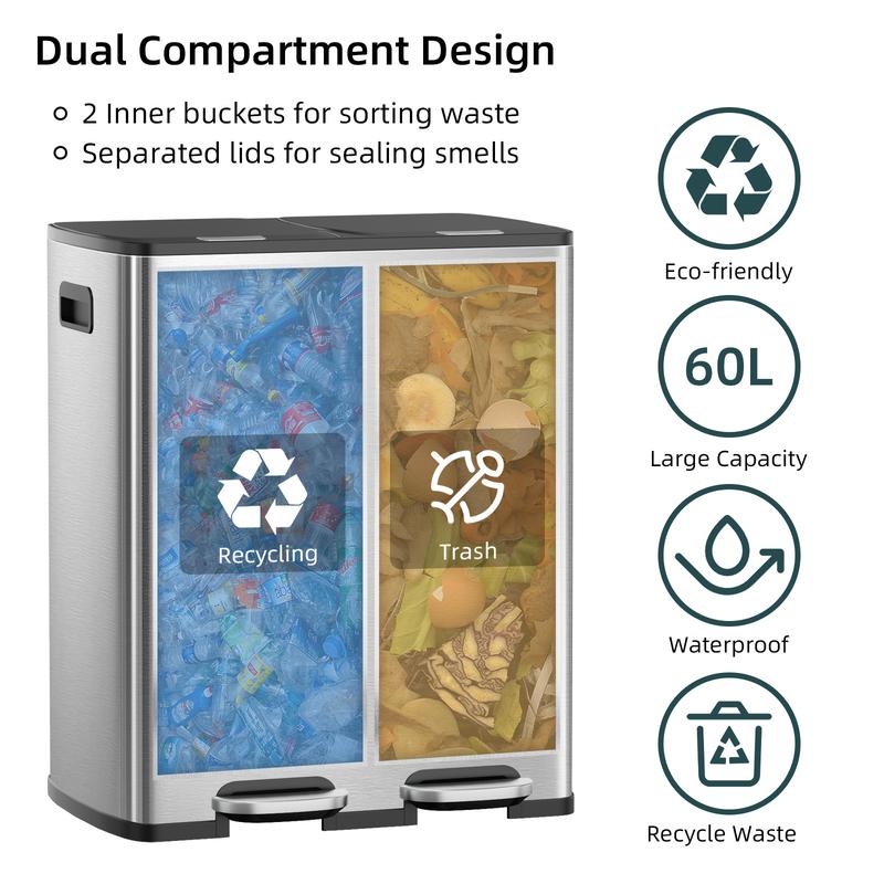 KSSKSS 2x8 Gallon Kitchen Dual Trash Can - 16 Gallon (60L) Stainless Steel Multi-Compartment Garbage Recycle Bins, Step Pedal, Plastic Inner Buckets, soft-close lid , Silver, Includes 40 Trash Bags, for business home office