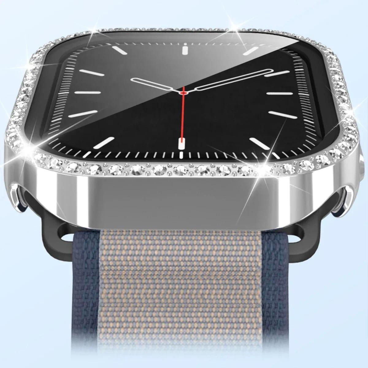 Bling Glass+Cover For Apple Watch 11 10 42mm 46mm Diamond Hard PC bumper+Screen Protector Case iwatch series 11 10 Accessories