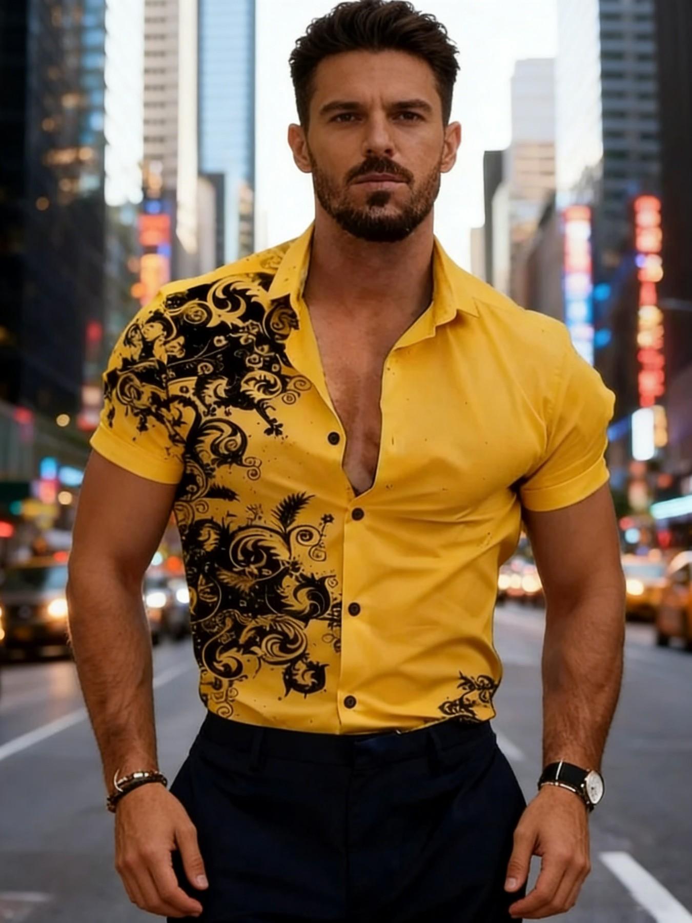Men's Baroque Print Short Sleeve Shirt, Summer Slim Fit Casual Vacation Open Front, European and American Style Fashion Floral Blouse