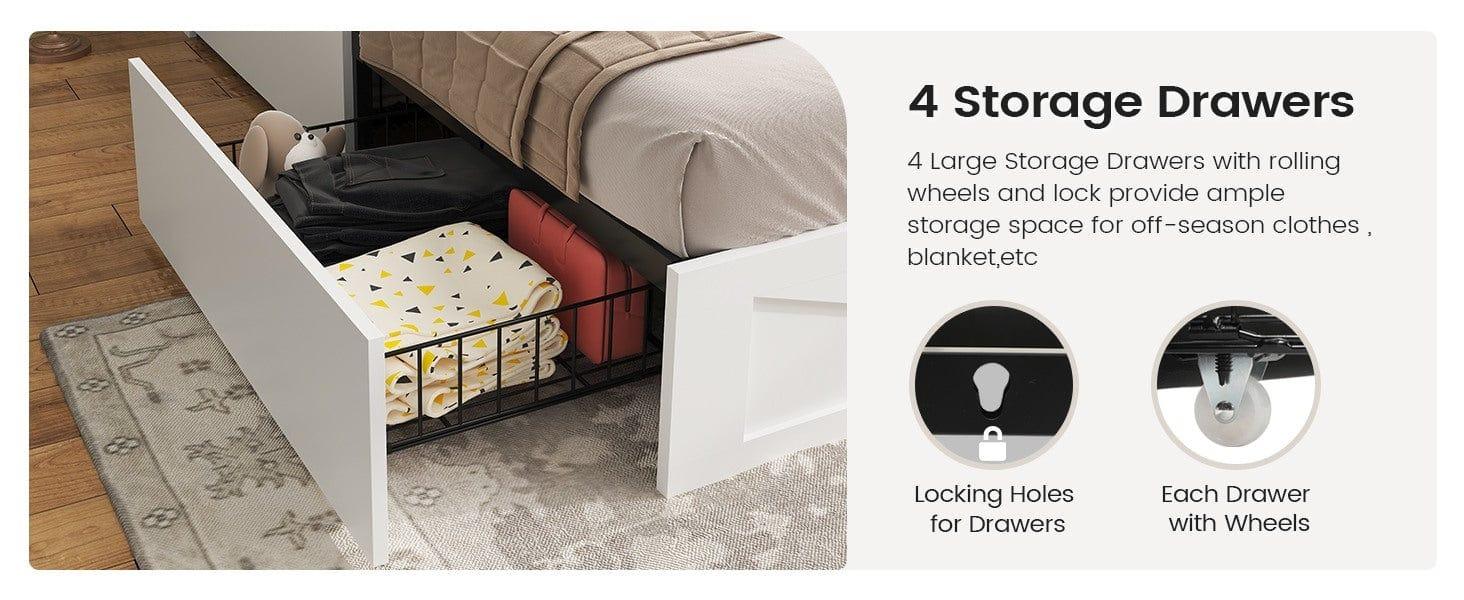 Sikaic Farmhouse Queen Bed Frame with 4 Storage Drawers and Led Lights, Wooden Bed, White Bedroom Bedframe Platform Bedframe