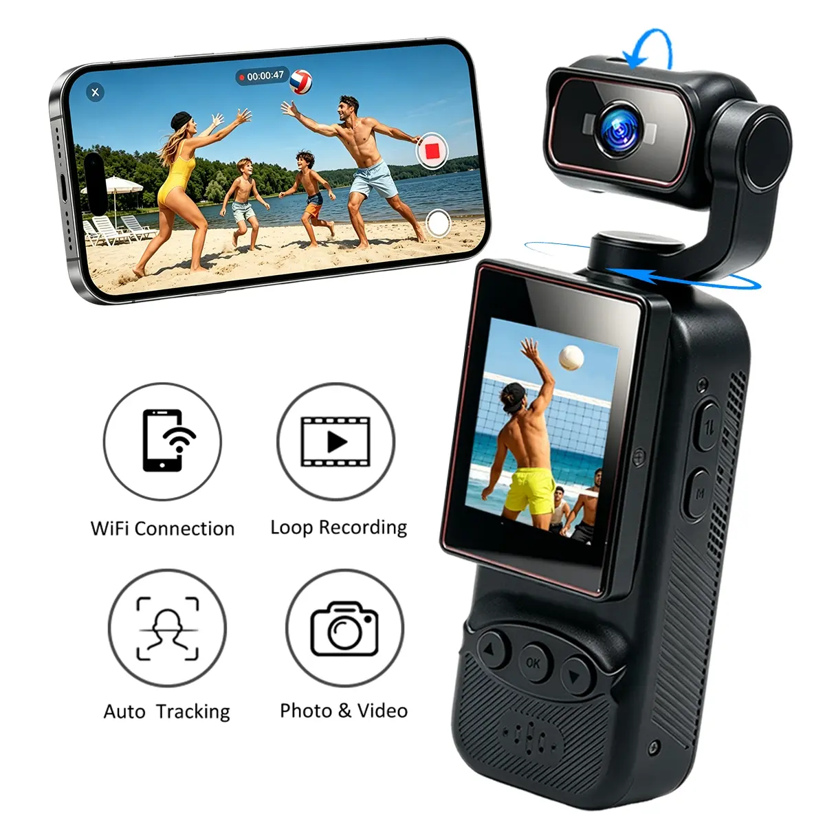 POV Vlog Camera 2K HD with AI Face Tracking, 4X Zoom, 270° Auto Rotation, IR Night Vision, 1800mAh Long Battery Life for Travel, Vlogging and Content Creation, Action Vlogging Camera
