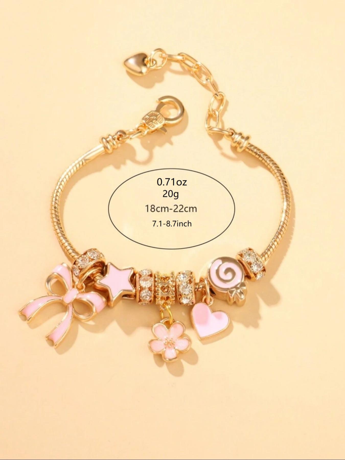 Cute Bow & Heart & Flower Design Charm Bracelet, Rhinestone Decorated Bracelet for Women & Girls, Trendy All-match & Exquisite Jewelry for Birthday Gift, Heart Shaped Bracelet