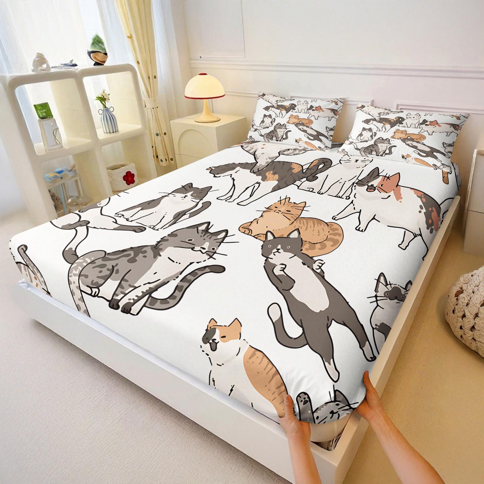 3Pcs Funny Cute Cat Digital Print Fitted Sheet Set, Cartoon Kitten Themed Bed Sheet Set, Soft Breathable Microfiber Bedding, Non-Slip All-Around Elastic, Perfect for Cat Lovers Bedroom, Guest Room, Dorm, Year-Round Use - No Filling