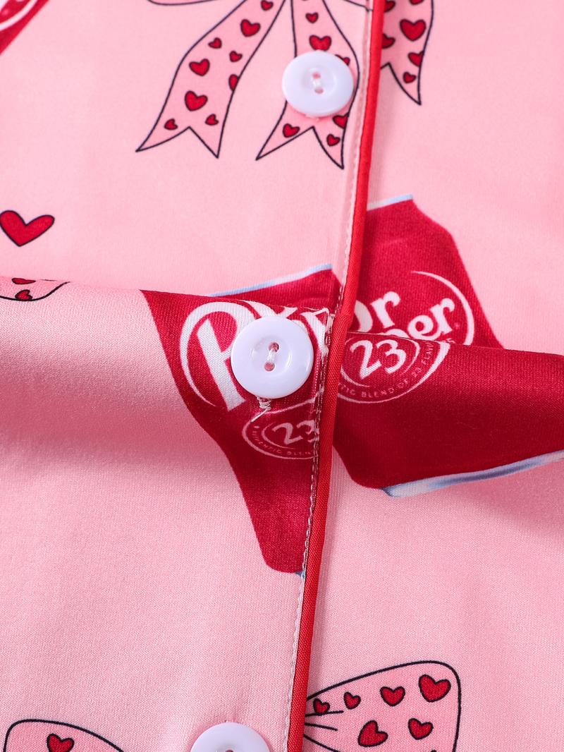 Women's Valentine's Day Spring Summer Set, Heart & Bow Pattern, Fitted Short Sleeve Top & Shorts, Casual All-Season Wear